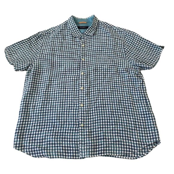 Tommy Bahama Linen Shirt Men's Size XXL Blue & White Gingham Check Beach Travel - Picture 1 of 6